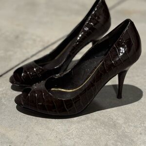 Dark Brown Croc Patent Leather peep toe heels
